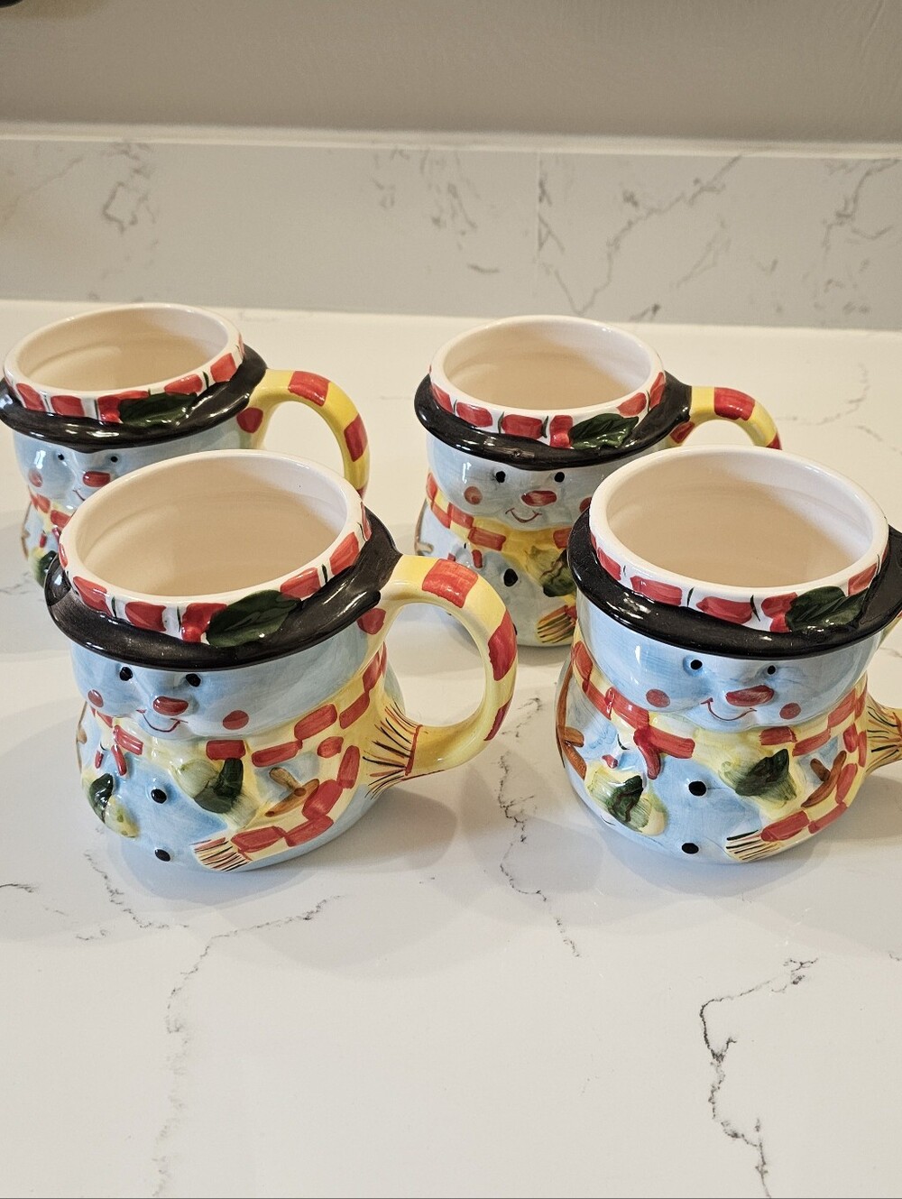 Festive Snowman Ceramic Mugs Yellow Handle-Set Of 4